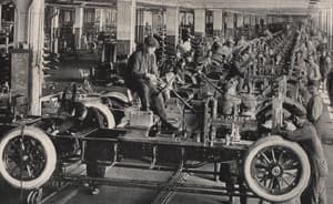 assembly line of antique car manufacturing plant